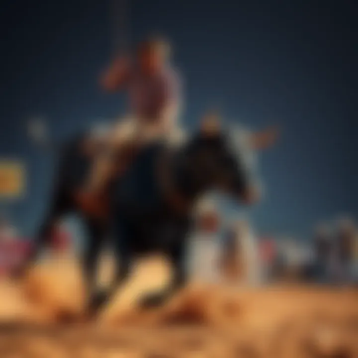 A bull rider holding on tight as the bull kicks up dirt at the Nuke rodeo, capturing the thrill of the moment.