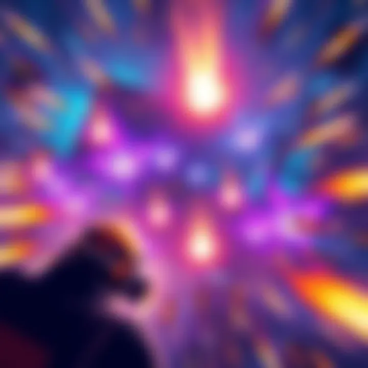 Exciting bullet hell game action A vibrant scene of a player battling waves of colorful enemy projectiles in a bullet hell game.