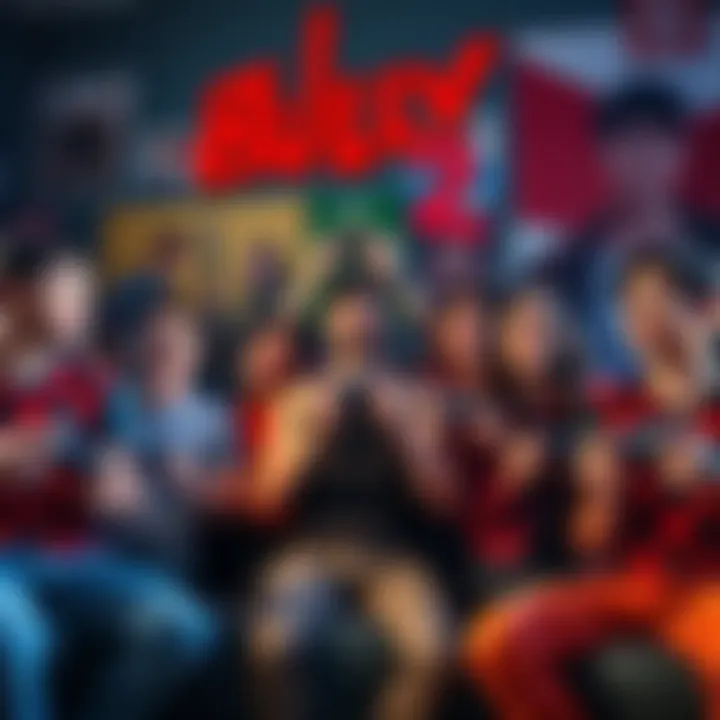 A group of excited gamers discussing Bully 2, holding game controllers and surrounded by posters of the original game.