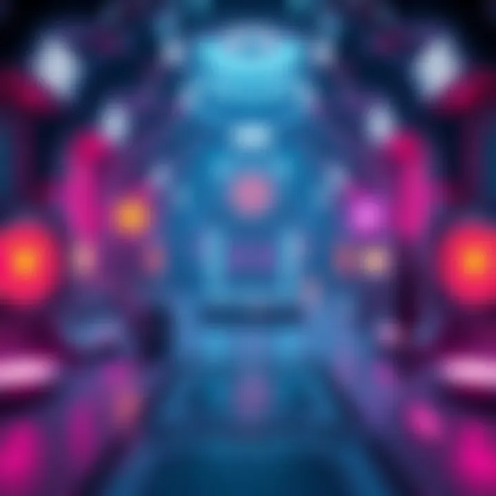 Artwork showing a futuristic gaming environment from Bungie's Cryo Archives, featuring vibrant symbols and gear.