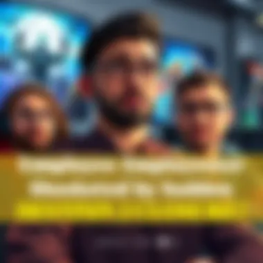 Bungie employees looking shocked and concerned after hearing news of Destiny 2's development ending, with a backdrop of gaming posters and monitors in an office setting