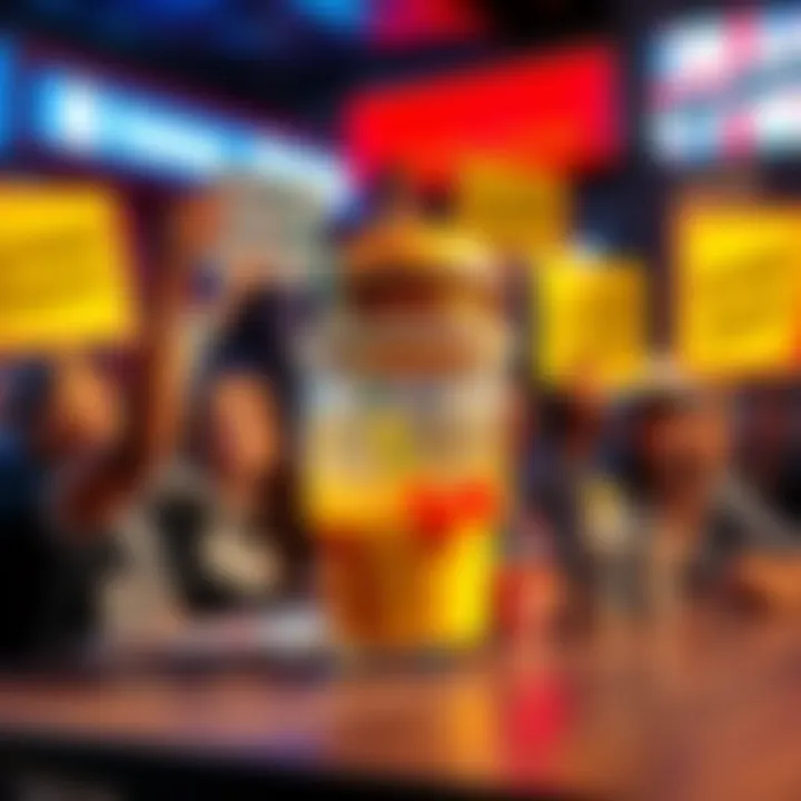 A colorful drinkable cheeseburger in a cup, with a straw, placed on a table surrounded by excited fans holding signs demanding its release.