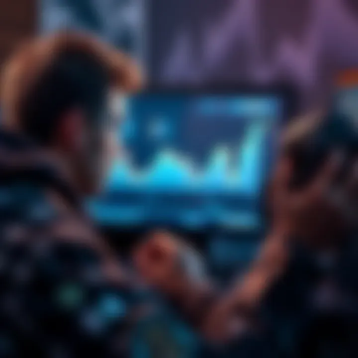 A worried gamer looking at computer screen showing Bungie's financial report with declining graph.