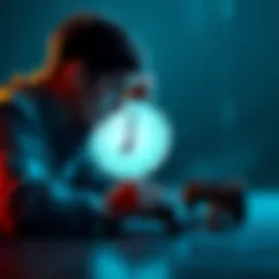 A person looking at a clock, showing anxiety about a game release delay with a gaming console beside them