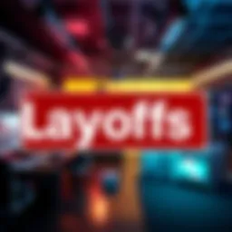 A graphic showing a 'Layoffs' sign with a background of a video game studio, reflecting the impact on the Bungie Destiny team.