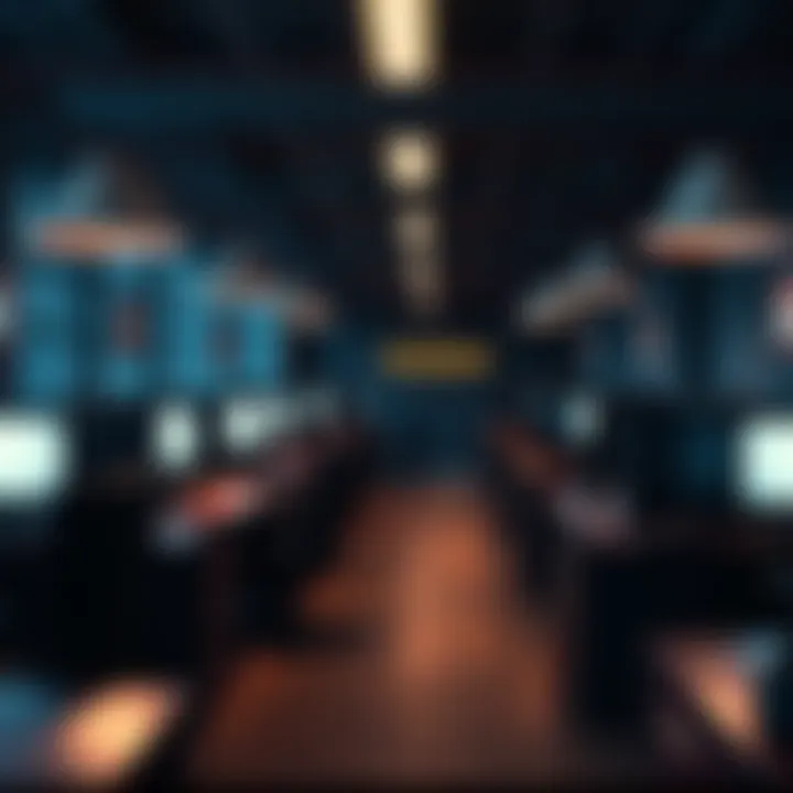 A somber office scene showing empty desks and computers as Bungie announces layoffs amidst industry challenges.