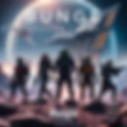 Artwork showing a futuristic scene from Tau Ceti with characters ready for adventure