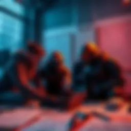 Bungie team members collaborating on the development of the Halo franchise, surrounded by sketches and game design materials.