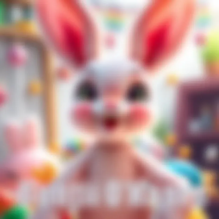 Bunnii O'Hare Character Visualization A cute cartoon rabbit character with large ears and a friendly smile, surrounded by vibrant colors and playful elements, representing the charm of Bunnii O'Hare.