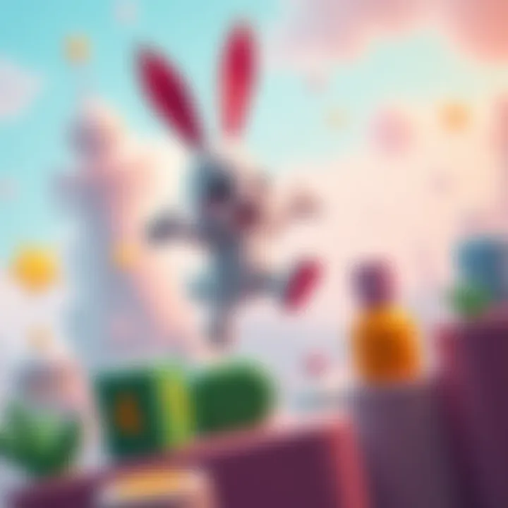 A bunny-like character jumping over math obstacles in a colorful game world