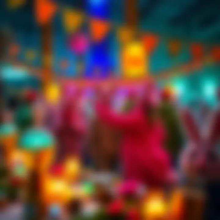 A lively gathering of people in bunny costumes celebrating at the Environment Contamination Zone reactor farm, surrounded by colorful decorations and festive lights.