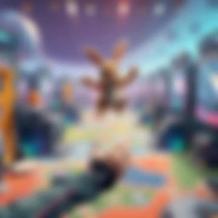 A player demonstrating bunnyhopping in a video game setting, showing off jumping skills on a colorful game map.