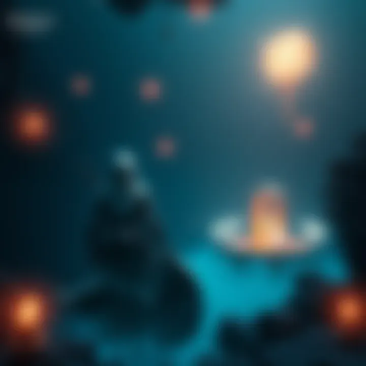 Character exploring a dark underwater city with glowing lights and a mysterious atmosphere