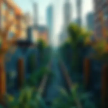 Buried City Monorail An old monorail track hidden beneath the city streets, surrounded by overgrown plants and urban structures.