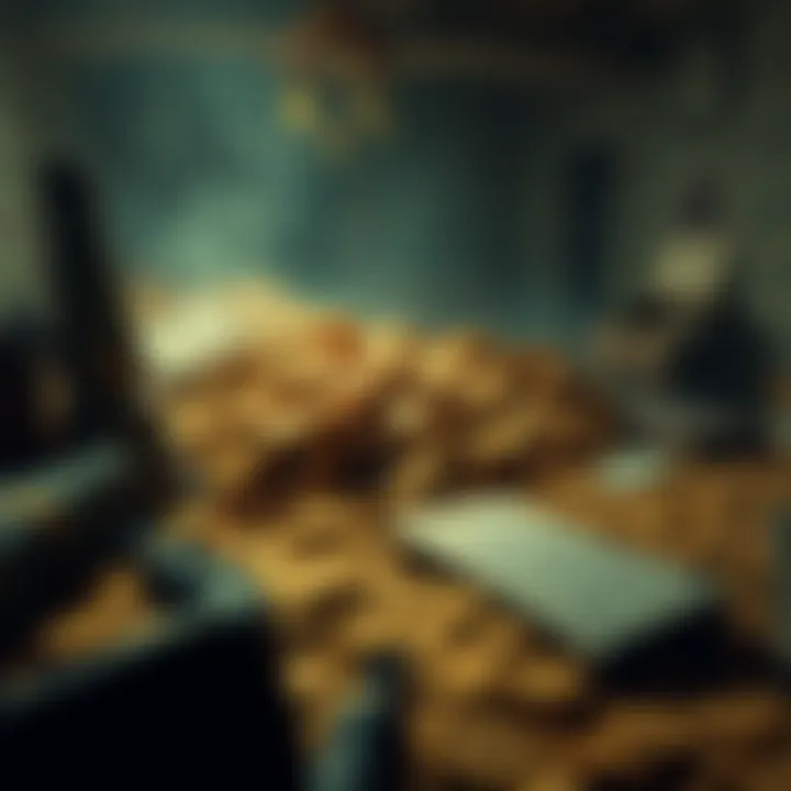 A pile of treasure and artifacts inside the Buried City Town Hall, showing gold coins, jewels, and old documents scattered around.