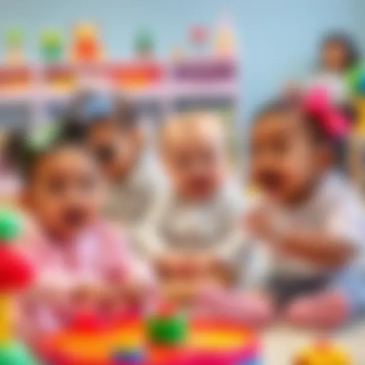 A group of smiling babies engaged in fun activities at Burletta's all-day program, surrounded by colorful toys and friendly staff.