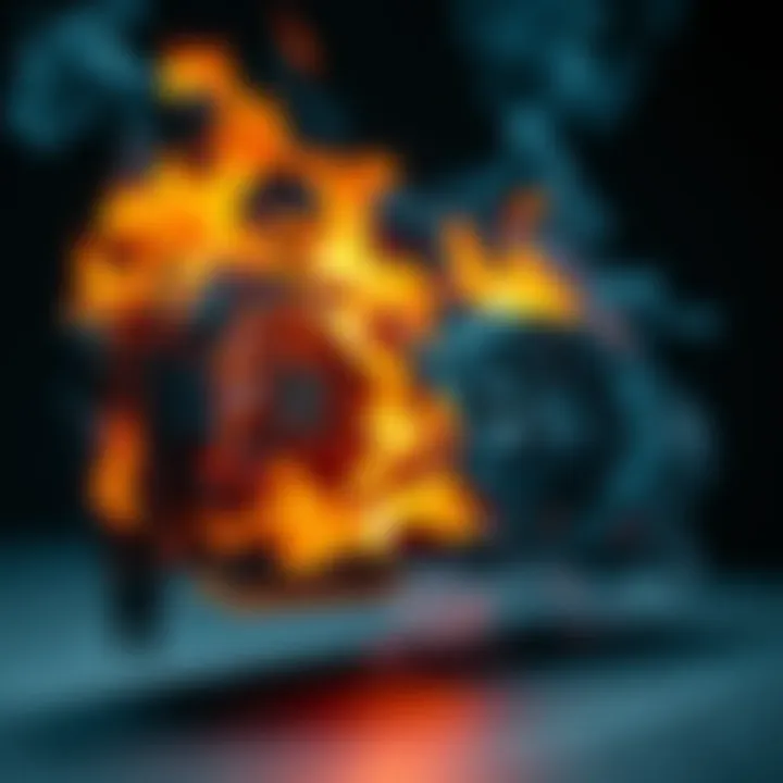 A 5090 graphics card is on fire during testing, with smoke and flames visible, emphasizing the risk of PC components failing.