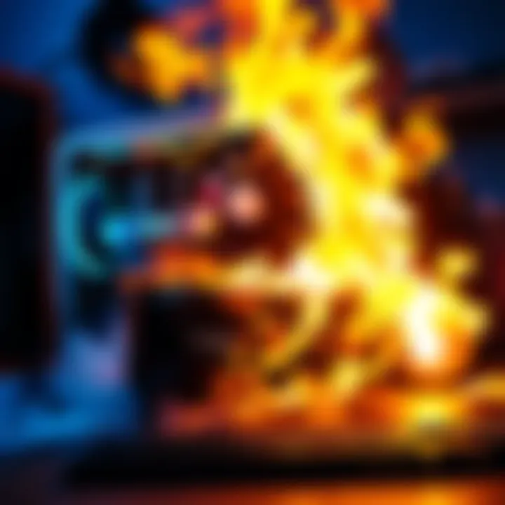 An EVGA 2080XC graphics card engulfed in flames on a computer desk, smoke rising around it.