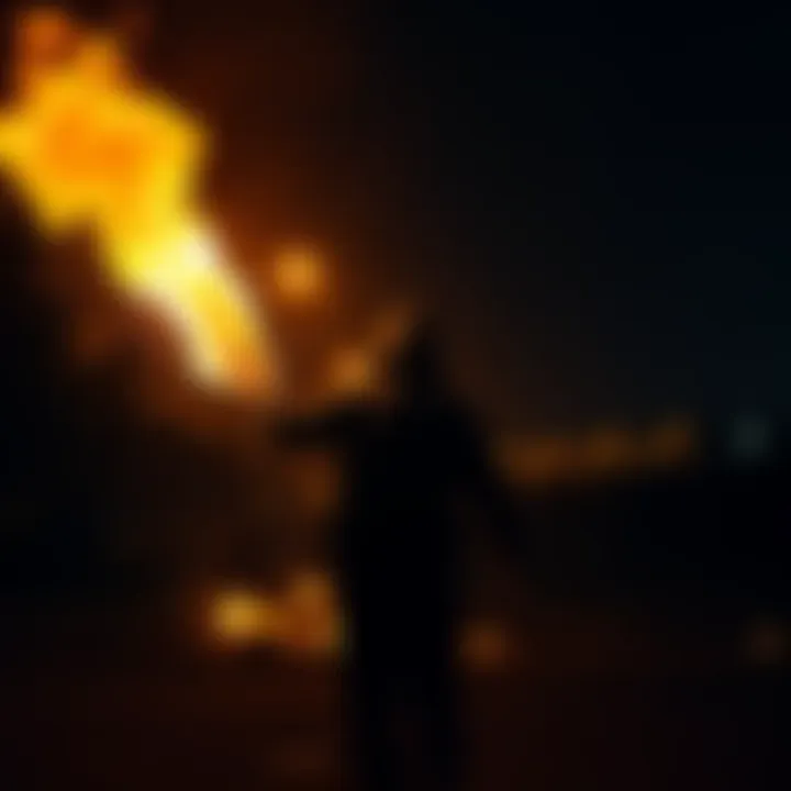 A person igniting a fire to tackle a horde infestation in a dark outdoor setting.