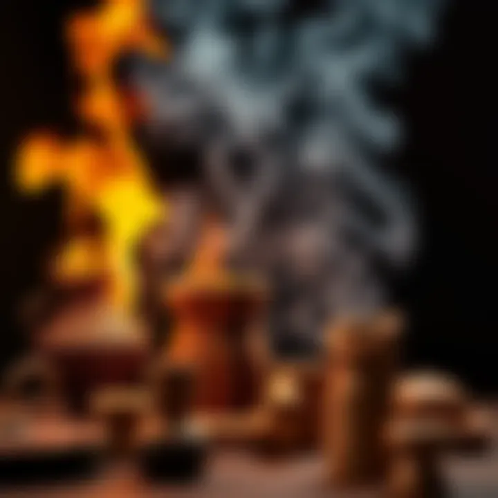 A variety of wooden objects burning in an experiment, showing flames and smoke coming from decorative and functional wood products.