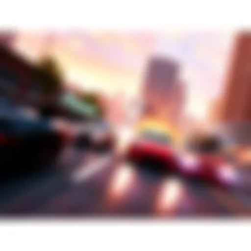 A high-speed scene from Burnout Paradise showing cars racing through a vibrant urban landscape