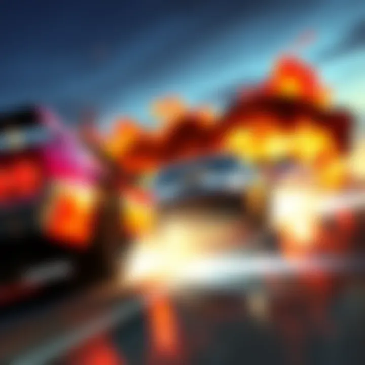 A screenshot showcasing intense racing action in Burnout Revenge with cars crashing and high speeds.