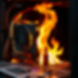 A burnt power supply unit showing damage from a fire incident during a computer upgrade.