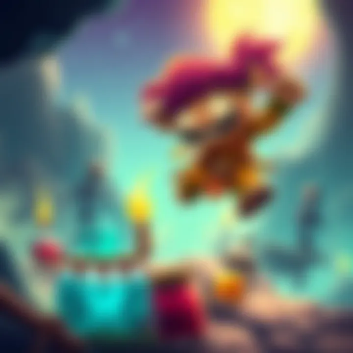 Burrito Bison character jumping in a colorful fantasy setting filled with potions and skeletons