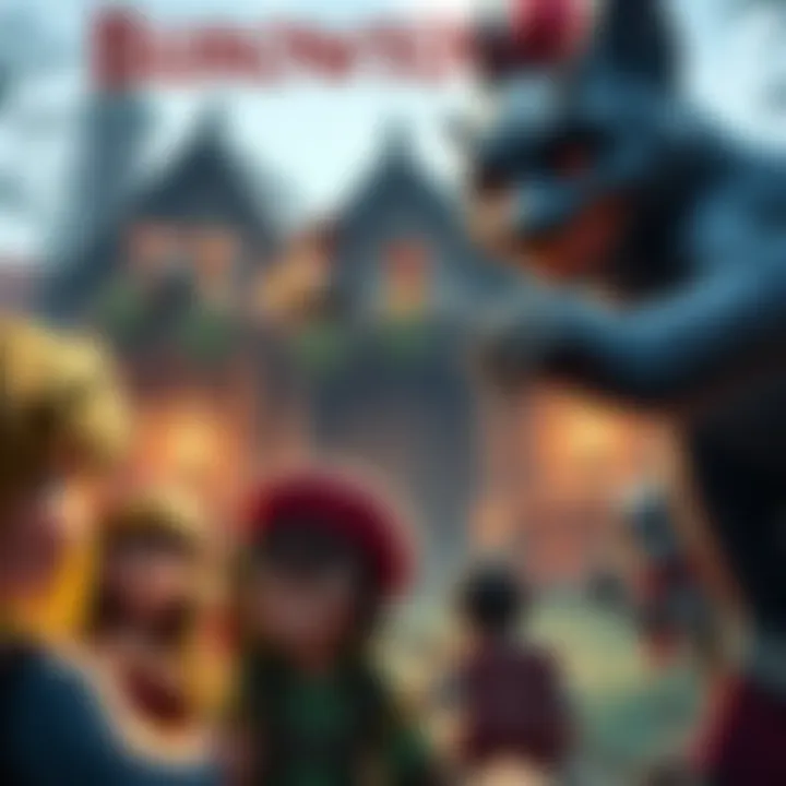 A group of adventurers dressed in costumes at a lively party, trying to rescue three mice characters from a large wolf's villa decorated with fantasy elements.