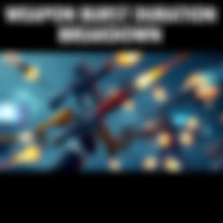 An illustration showcasing various weapons in action, highlighting their burst duration mechanics, with arrows indicating extended timings for each weapon type