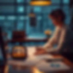 A business professional considers options with charts and graphs on a table, symbolizing strategic decision-making.