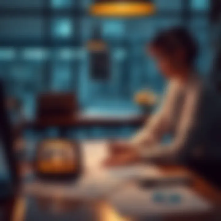 A business professional considers options with charts and graphs on a table, symbolizing strategic decision-making.