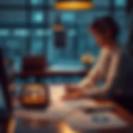 Business Decision Concept A business professional considers options with charts and graphs on a table, symbolizing strategic decision-making.