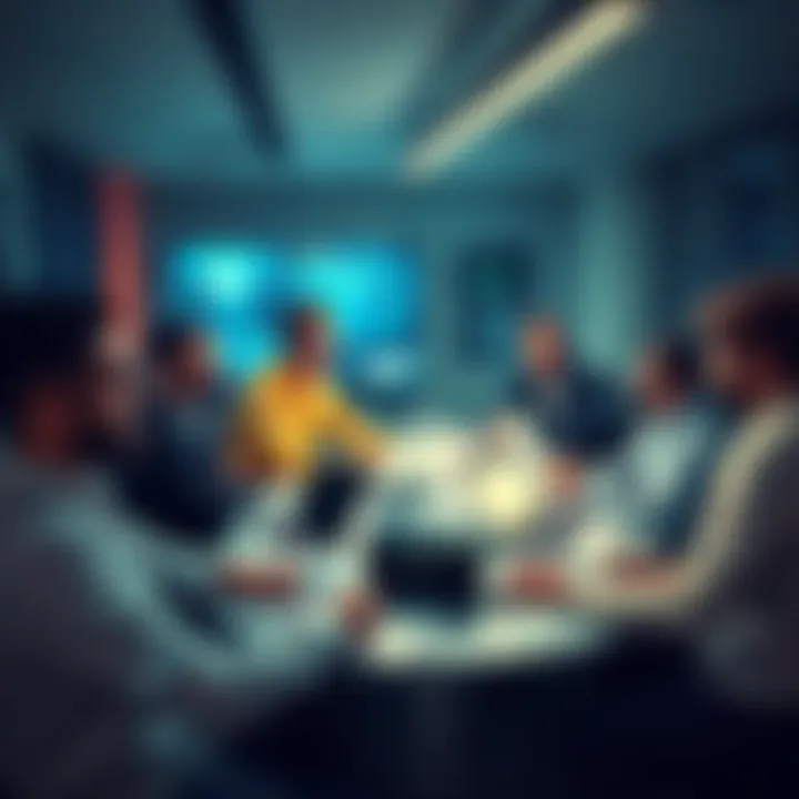 A group of game developers discussing strategies at a conference table, with notes and laptops open, highlighting the contrast between large studios and indie projects.