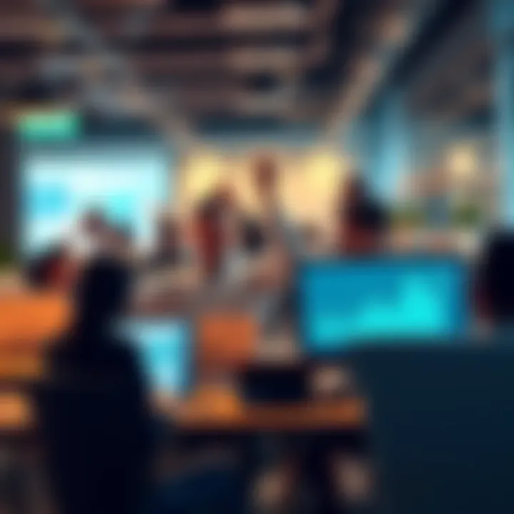 A busy office scene with people celebrating new acquisitions and reviewing impressive sales figures on their laptops.