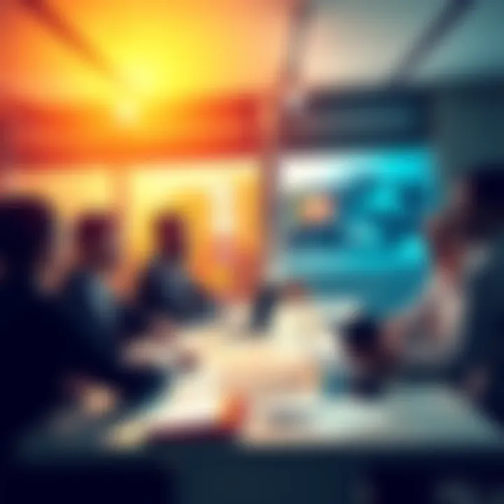 A group of professionals discussing business strategies around a conference table, with documents and a laptop in front of them.