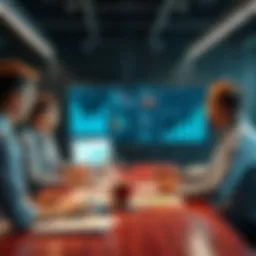 A group of professionals discussing sales strategies around a table with charts and graphs on the screen