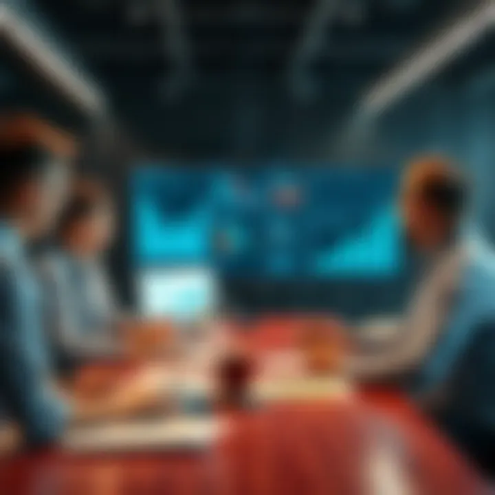 A group of professionals discussing sales strategies around a table with charts and graphs on the screen