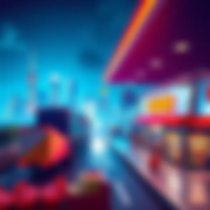 A visual representation of a business simulation game featuring a virtual city skyline, trucks, and grocery store elements