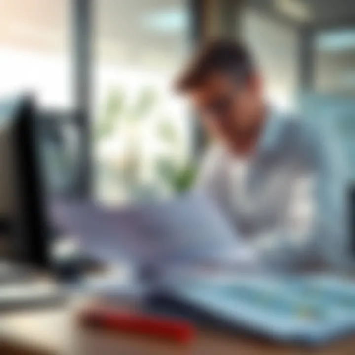 A businessman analyzing documents related to land-based contracts at a desk, with a focus on growth opportunities