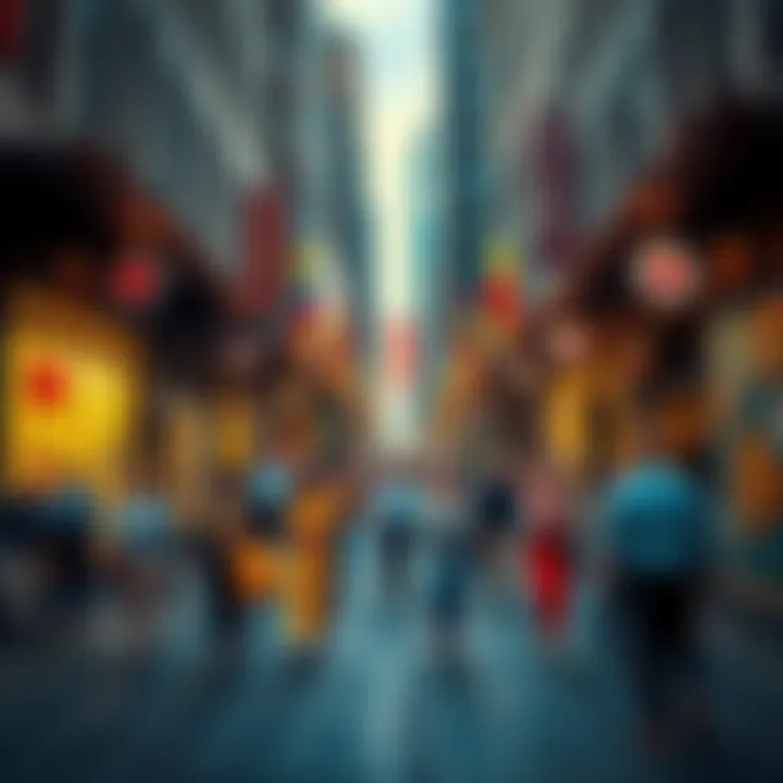 A bustling street scene with people walking, storefronts in the background, capturing the essence of daily life.