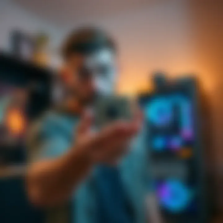 Buyer with 9800X3D CPU A buyer holds a 9800X3D CPU in their hand, looking at it with a puzzled expression, showcasing the item without a box, in a home setting with a PC build in the background.