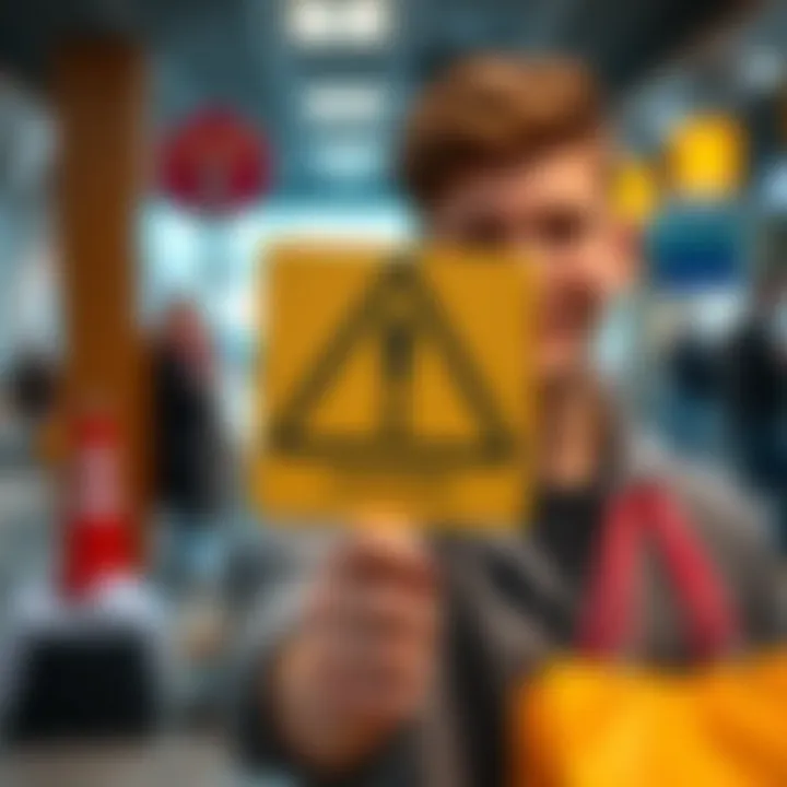 A person holding a caution sign while shopping online, symbolizing awareness of scams.