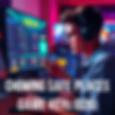 Buying Game Keys Online A gamer examines game keys on a computer screen, comparing prices from different stores and marketplaces, while considering safety and reliability.