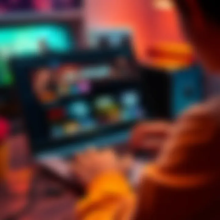 Buying games on Steam from a laptop A person using a laptop to browse the Steam store, with gaming icons on the screen.