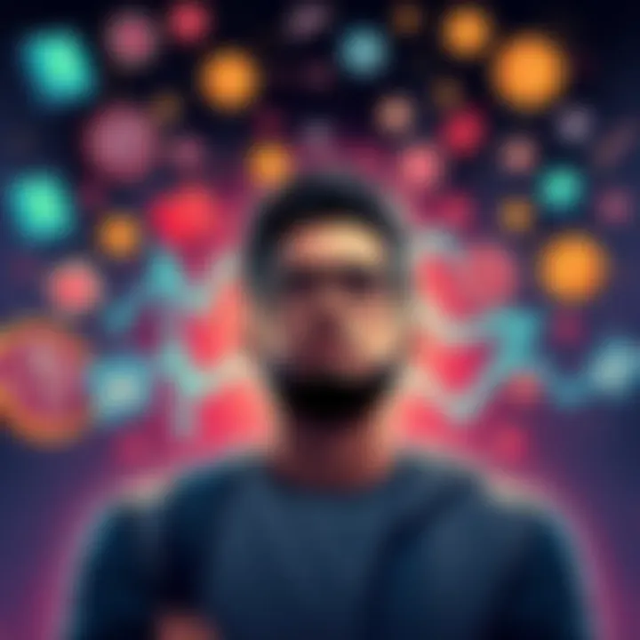 A person contemplating whether to buy mythic levels individually or at once, surrounded by game-related icons and currency symbols.