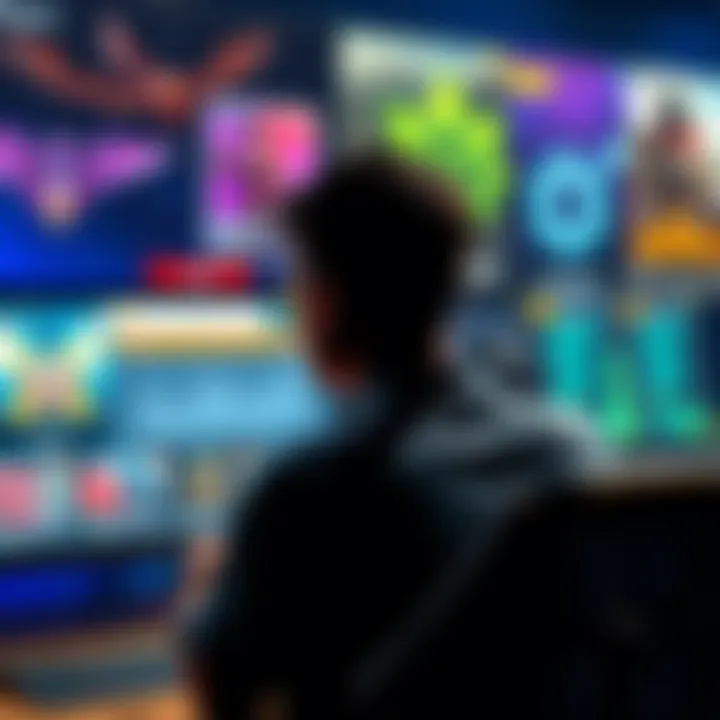 A person contemplating the purchase of a game account, looking at a computer screen with game graphics and price tags.