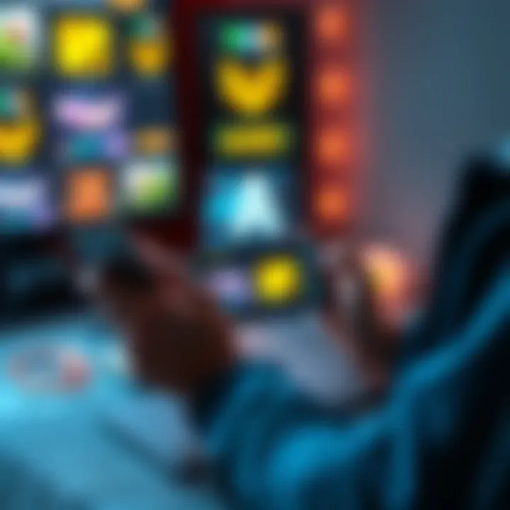A person using a laptop and a smartphone to explore game purchasing options without a credit card, with gaming icons in the background.