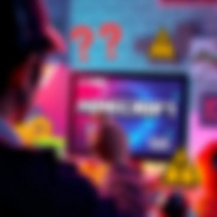 A person looking at a computer screen with Minecraft on it, considering purchasing from G2A, surrounded by question marks and warning symbols