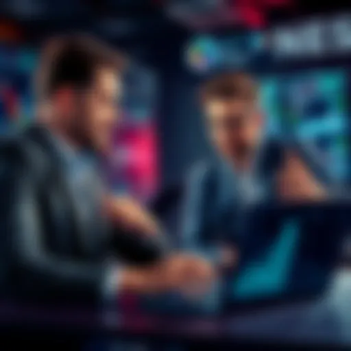 Byf talking with financial advisors about funding for his new venture, with charts and graphs visible on a laptop screen.